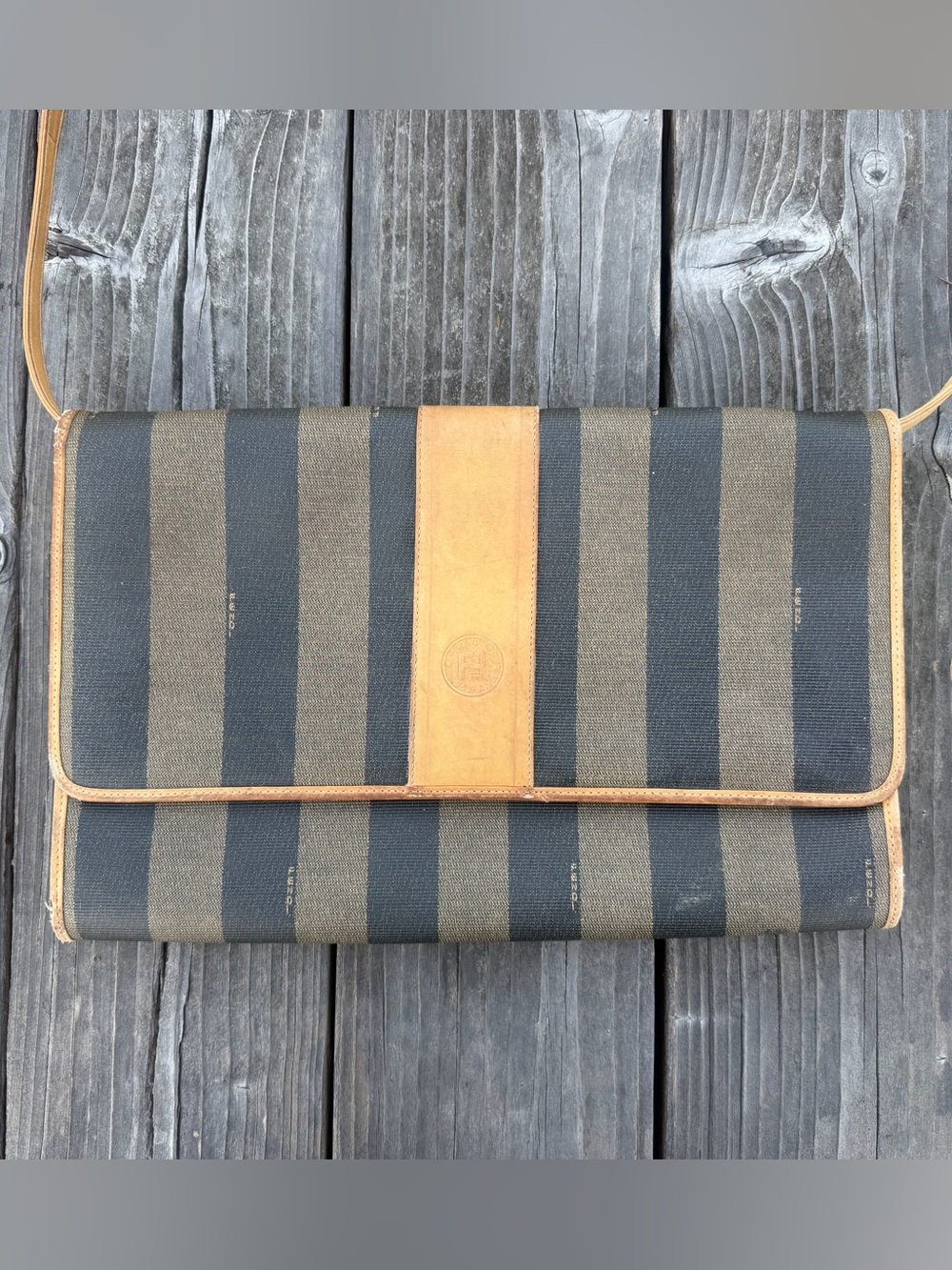 Vintage Fendi Pequin stripe leather canvas crossbody Large